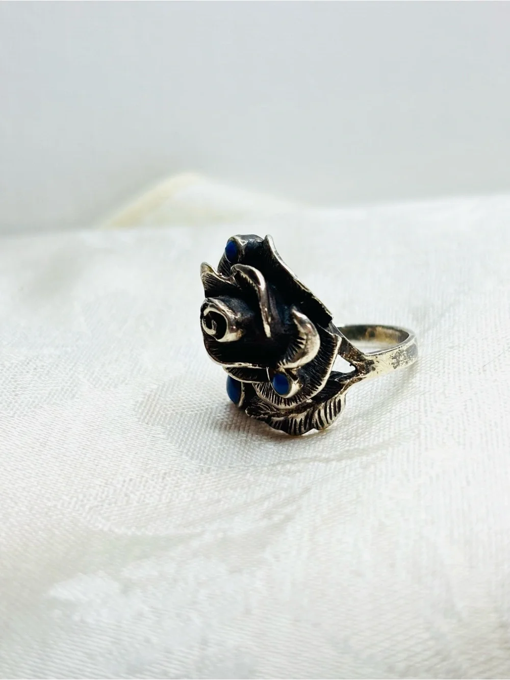 Vintage Sterling Silver Lapis Lazuli Rose Ring Size 5.5